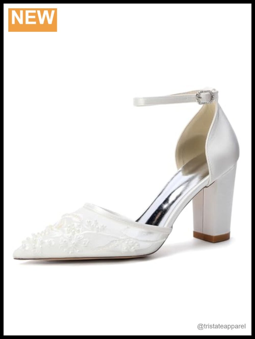Lace Mesh Pearl Pointed Toe Block Heel Ankle Strap Bridal Pumps